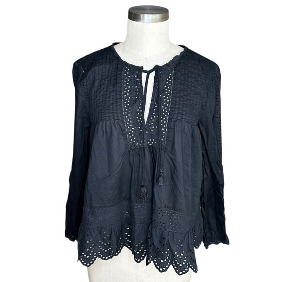 REBECCA TAYLOR Sheer Knit Lace Trim Blouse Black Tasseled Women's Size 10 Boho - Picture 1 of 7